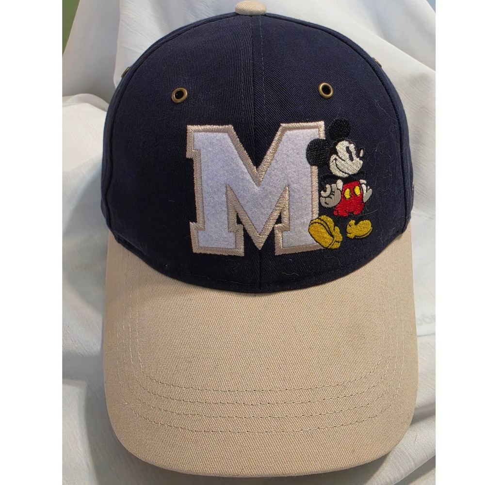 Disney Parks Mickey Mouse M Initial Navy Khaki Adjustable Baseball Hat Cap‎ Mens